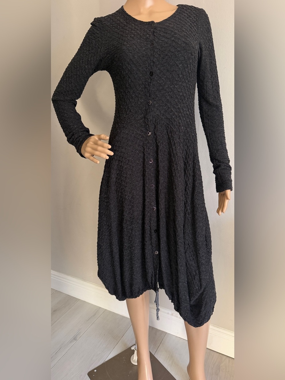 Alembika Black Textured Cocoon Midi Dress Button Front  & Pockets